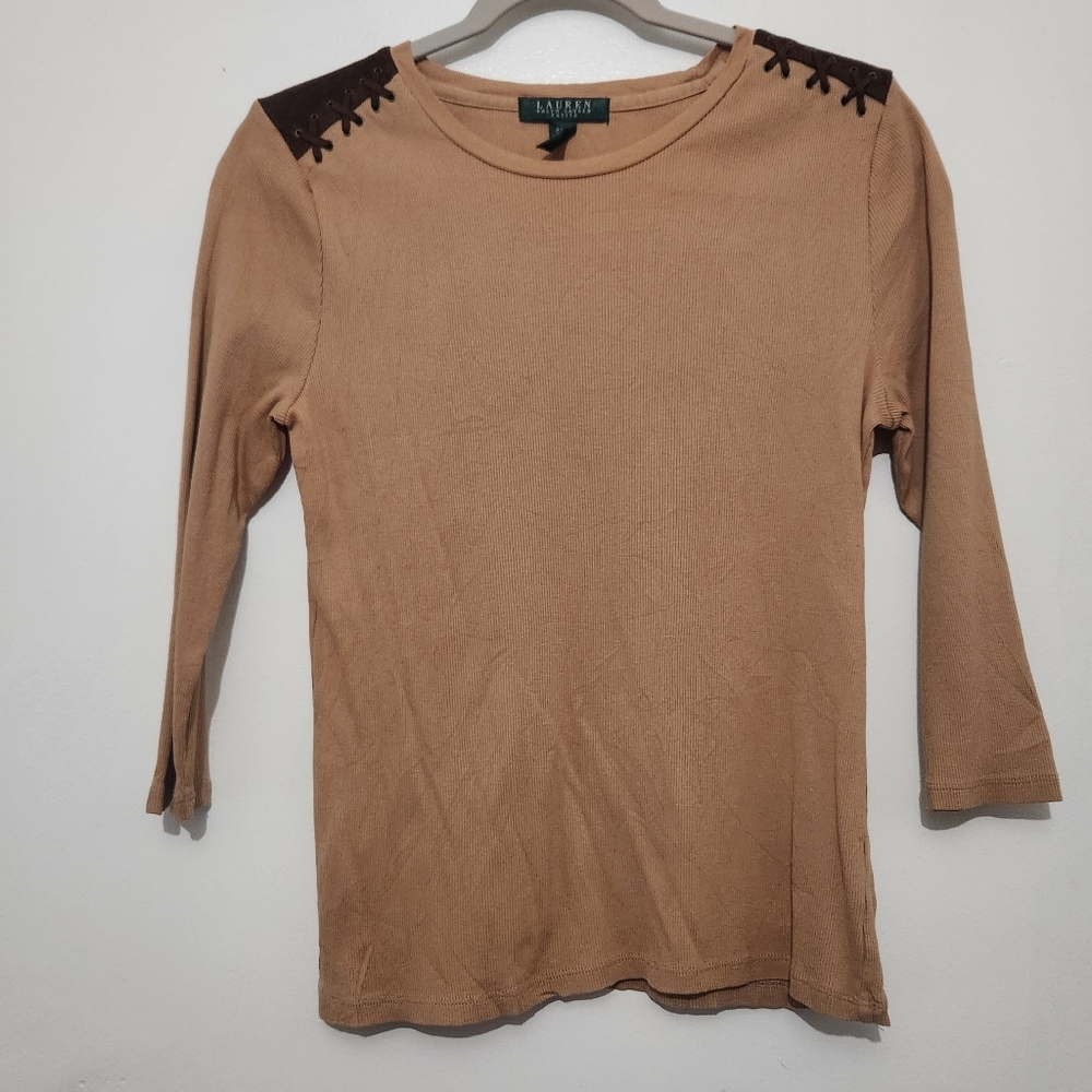 Lauren Ralph Lauren Petite Large Top Tan Ribbed Cotton 90s Y2K Equestrian LaceUp